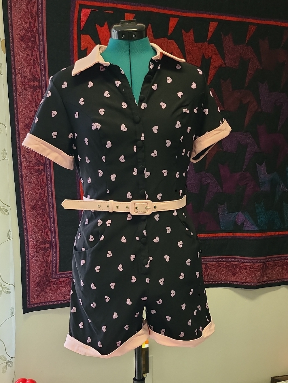 Unique Vintage Black Romper with Light Pink Trim